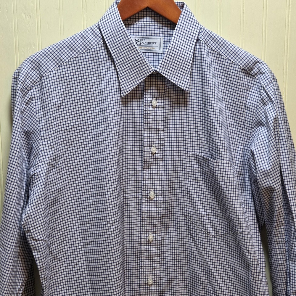 Skip Gambert Dress Shirt Mens XL Blue Gingham Check Made In USA Long‎ Sleeve